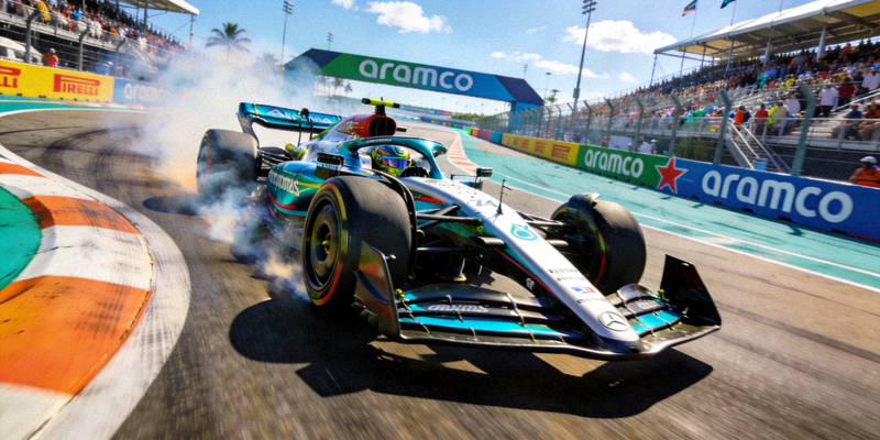 F1迈阿密大奖赛正赛激烈角逐 - 赛车在弯道中高速过弯